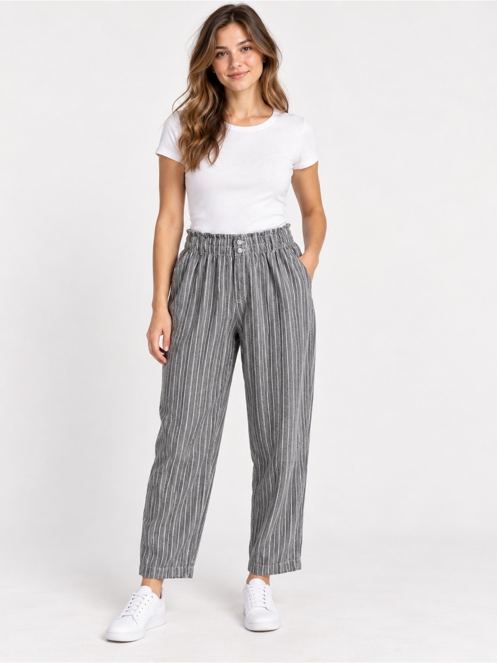 Briggs New York Gray Pinstripe Paperbag Waist Straight Leg Pants